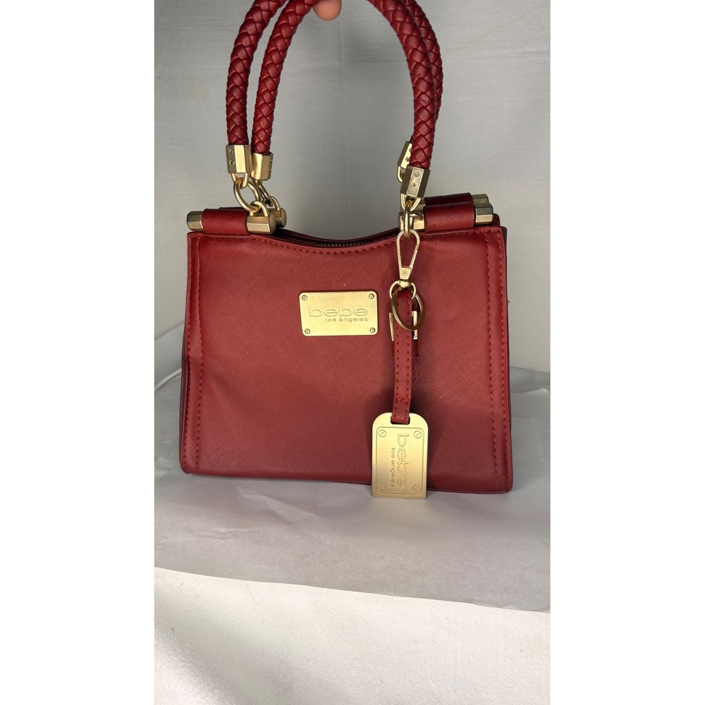 Bebe Los Angeles Red Saffiano Satchel Handbag Braided Handles Gold Hardware